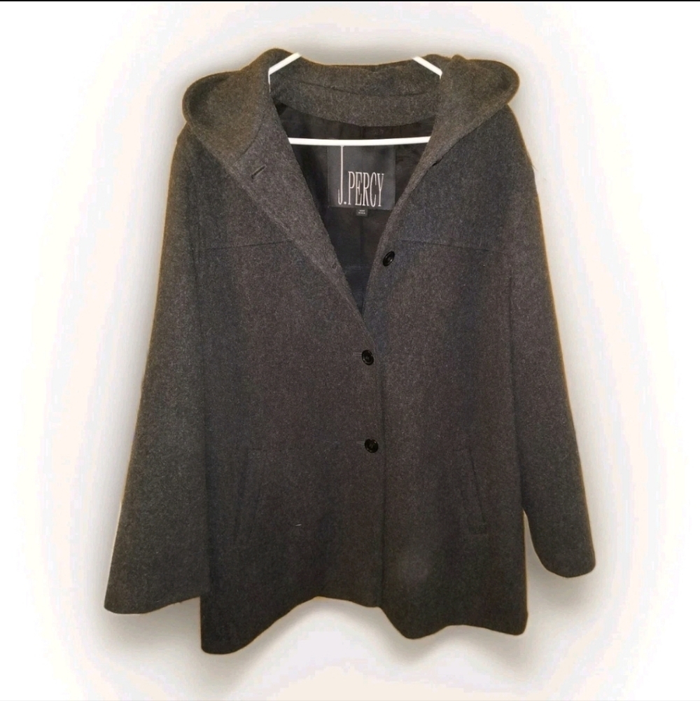 Vintage J. Percy Hooded Pea Coat 100% Merino Wool Made in USA Charcoal Gray XL